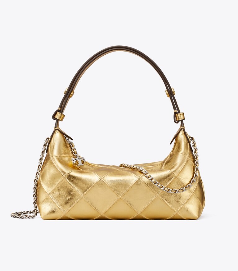 Tory Burch designer borse a spalla Pochette Fleming metallizzata in Gold Leaf front