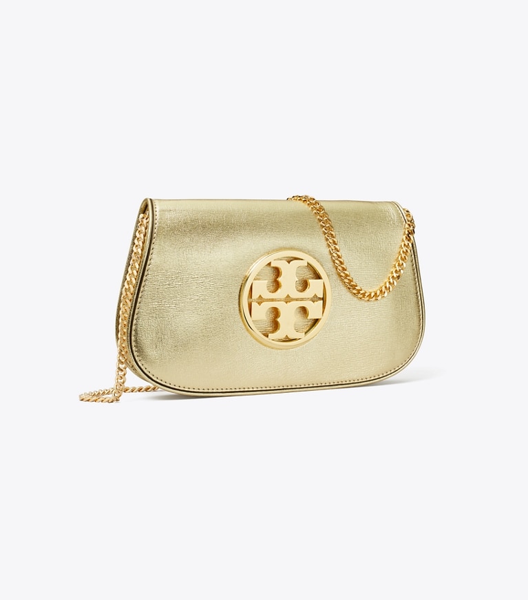 Tory Burch designer pochettes Pochette métallique Reva dans Gold angle