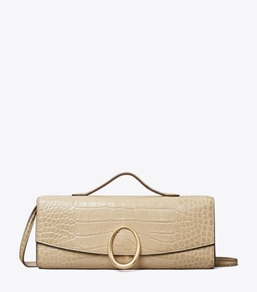 Tory Burch designer pochette Pochette Pierced con stampa a coccodrillo in Ginger Leaf front
