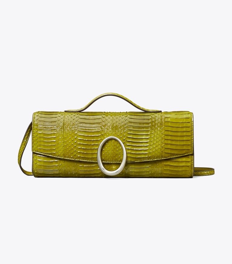 Tory Burch designer pochettes Pochette Pierced en cuir de serpent in Moss front