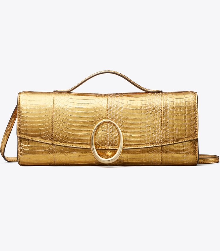 Tory Burch designer pochettes Pochette Pierced en peau de serpent dans Gold de face