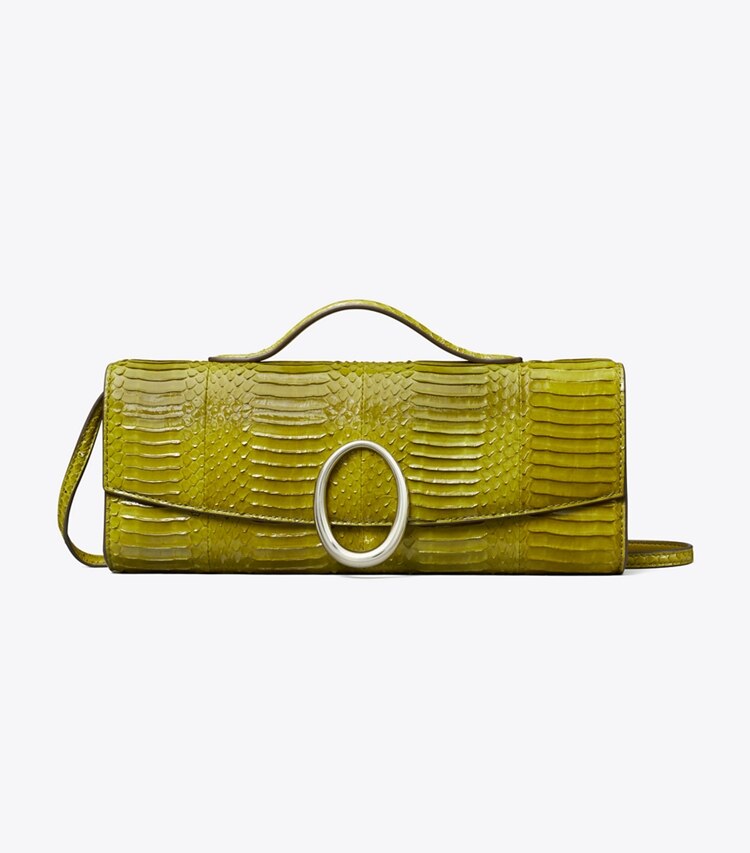 Tory Burch designer pochettes Pochette Pierced en peau de serpent dans Moss de face