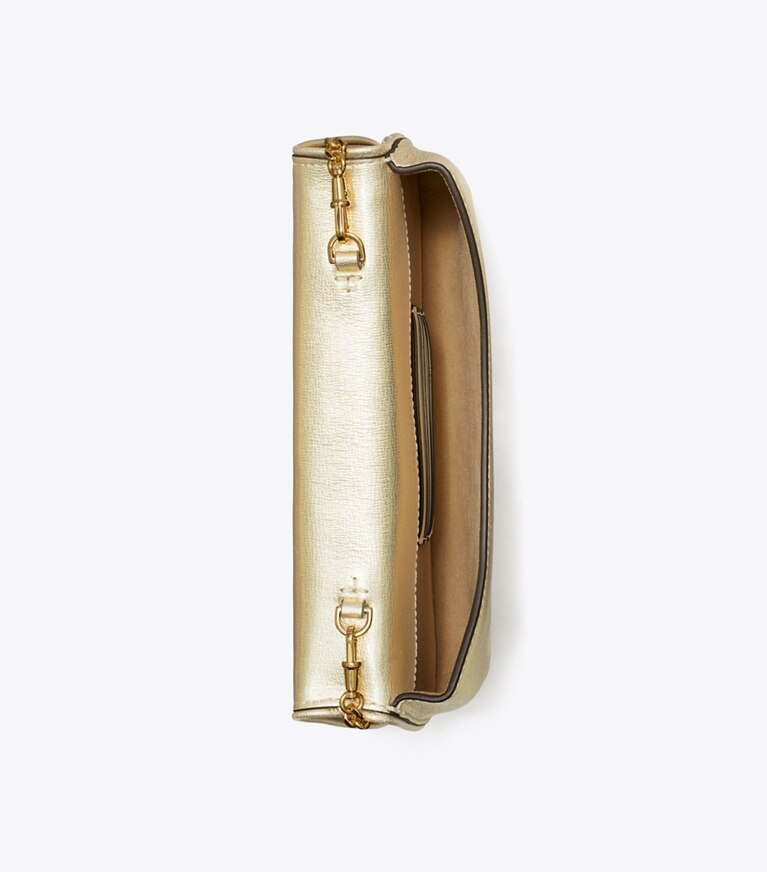 Tory Burch designer pochettes Pochette Reva en cuir métallisé in Gold angle