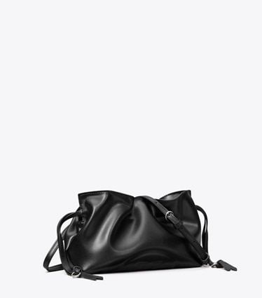 Tory Burch designer borse a spalla Pochette riciclata Ella con coulisse in BLACK angle