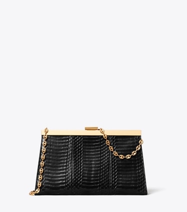 Tory Burch designer pochette Pochette rigida Gemini Link in pelle di serpente in BLACK front