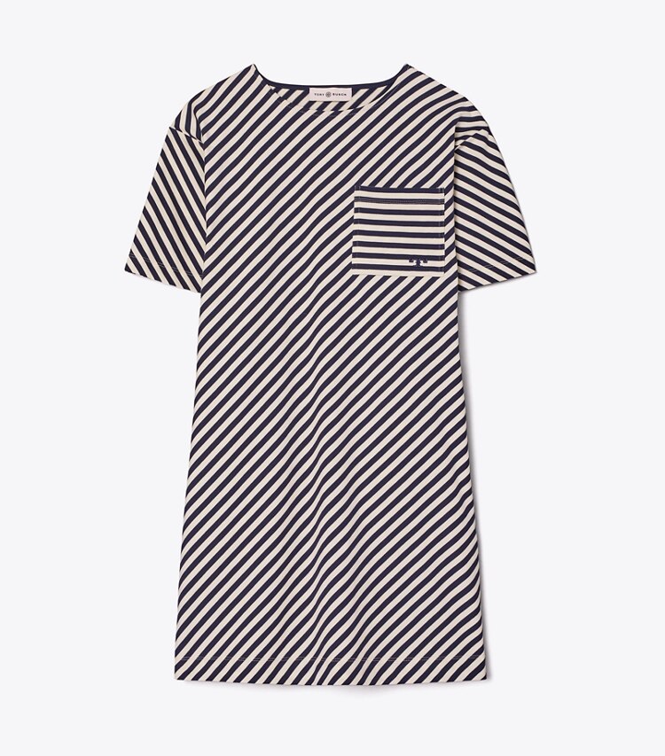 Tory Burch designer dresses Pocket Stripe T-Shirt Dress in Tory Navy / French Cream front