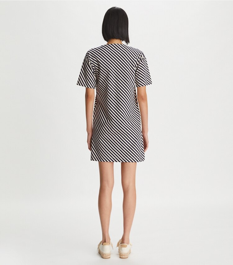 Tory Burch designer dresses Pocket Stripe T-Shirt Dress in Tory Navy / French Cream on model back