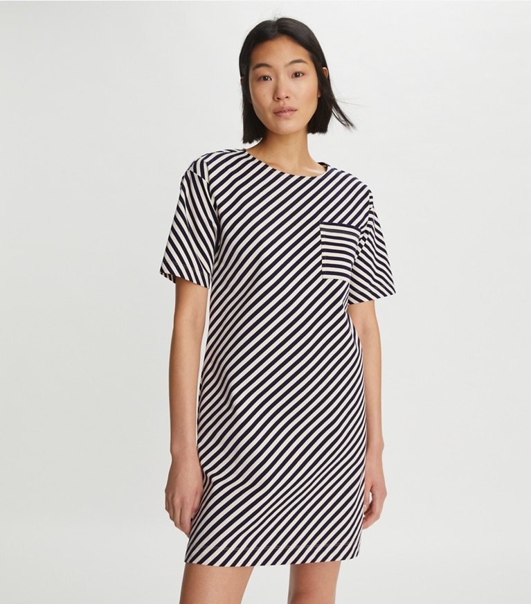 Tory Burch designer dresses Pocket Stripe T-Shirt Dress in Tory Navy / French Cream front