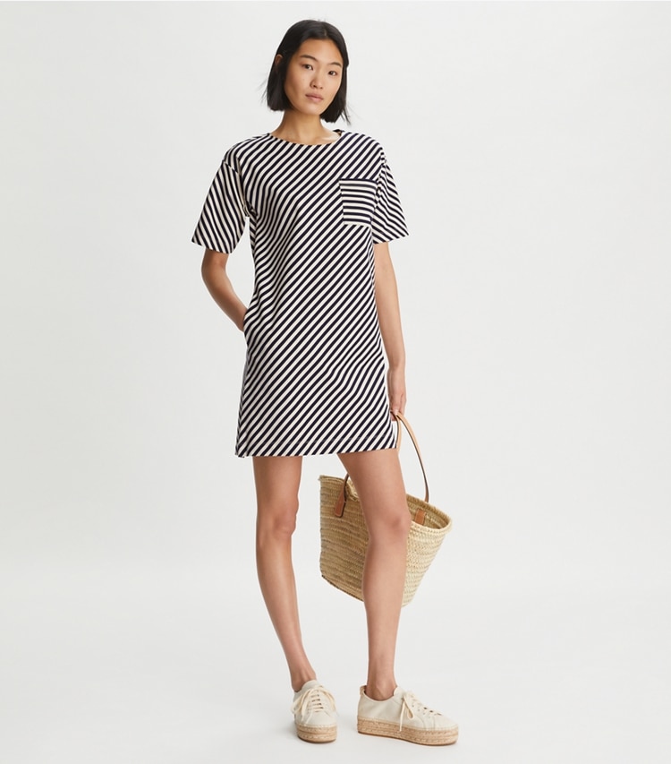 Tory Burch designer dresses Pocket Stripe T-Shirt Dress in Tory Navy / French Cream on model front