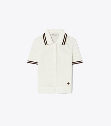 Tory Burch designer セーター コットン ポインテール カーディガン in New Ivory / 70'S BOTANICAL BROWN front