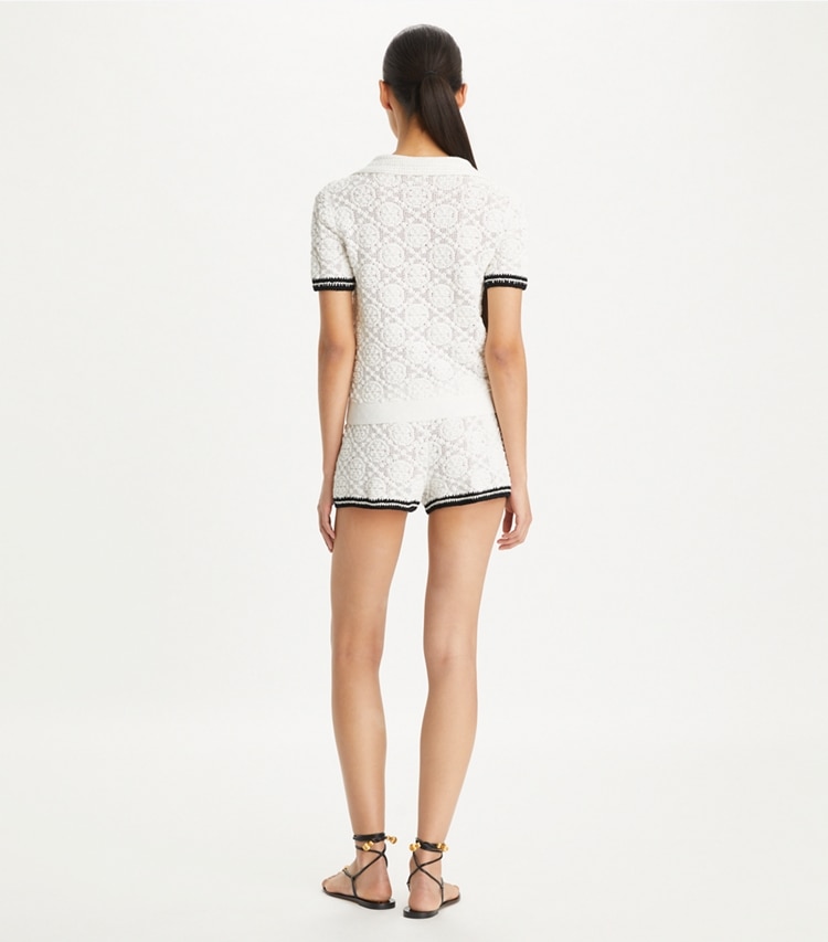 Tory Burch designer bottoms Pointelle Knitted Shorts in White on model back