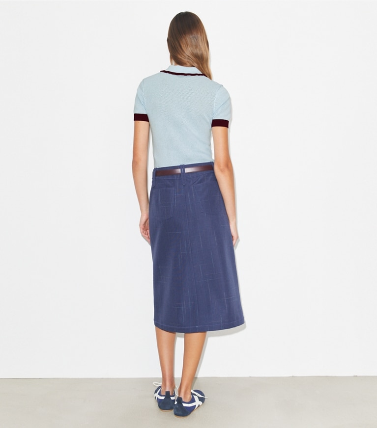 Tory Burch designer strickware Pointelle-Pullover aus Viskose in Frozen Blue / Dark Merlot on model back