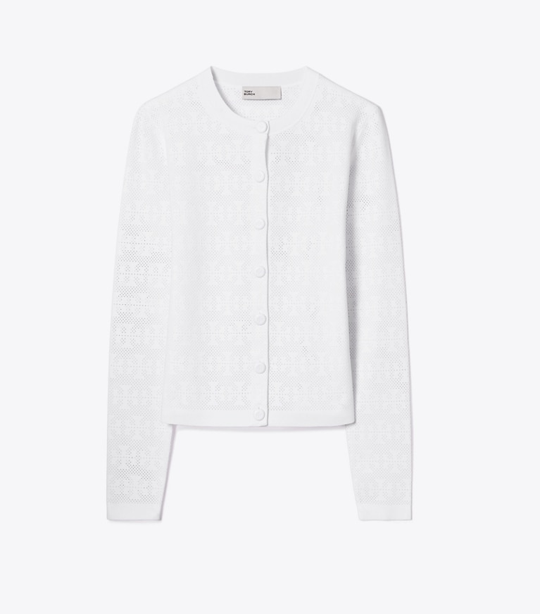 Tory Burch designer sweaters Pointelle Viscose Cardigan in White front