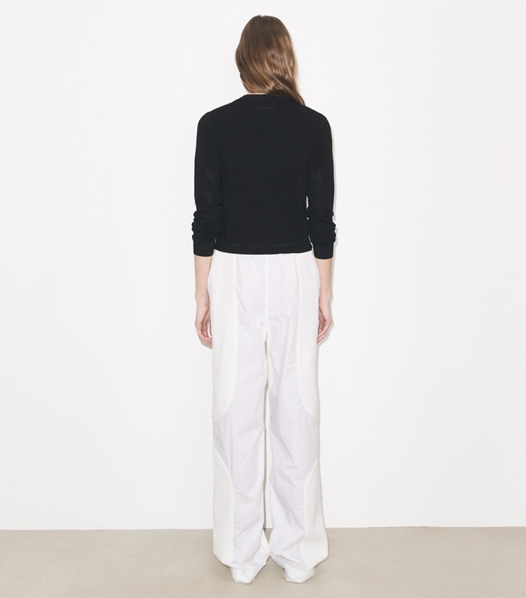 Tory Burch designer sweaters Pointelle Viscose Cardigan in Black on model back