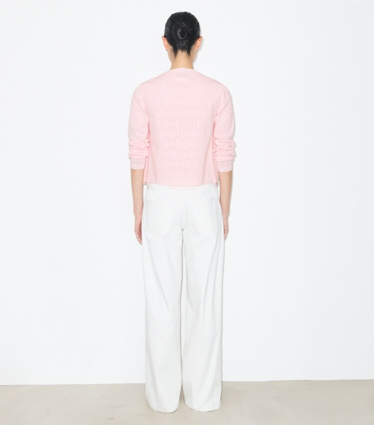 Tory Burch designer セーター ポインテール レーヨン カーディガン in Light Pink on model back