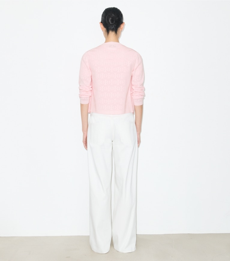Tory Burch designer セーター ポインテール レーヨン カーディガン in Light Pink on model back