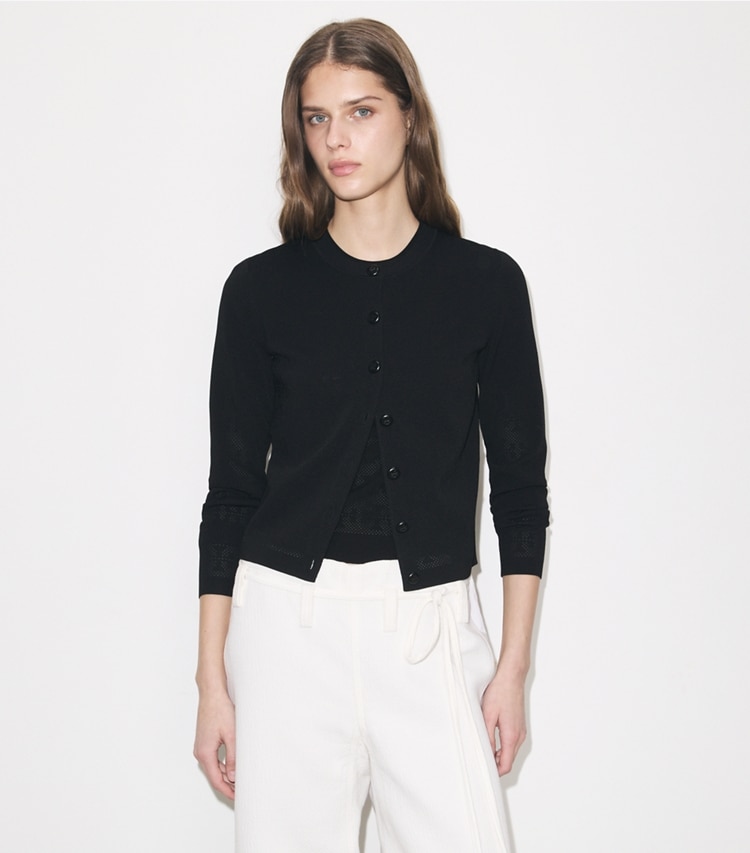 Tory Burch designer sweaters Pointelle Viscose Cardigan in Black on model detail