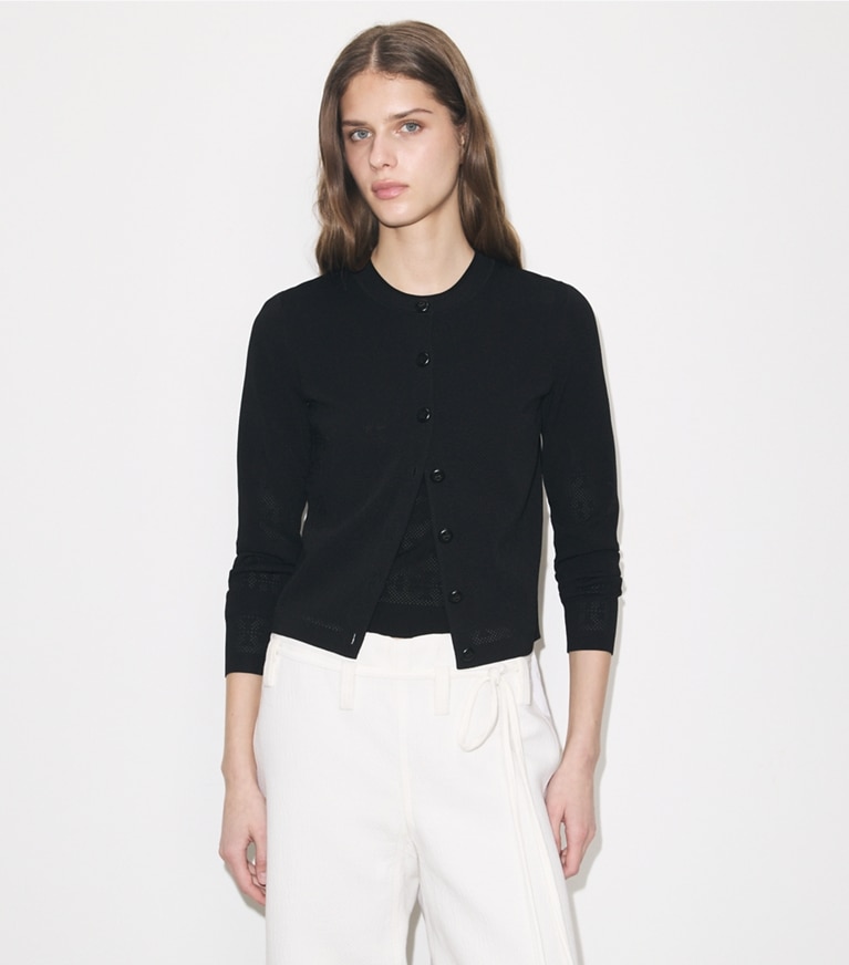 Tory Burch designer sweaters Pointelle Viscose Cardigan in Black on model detail