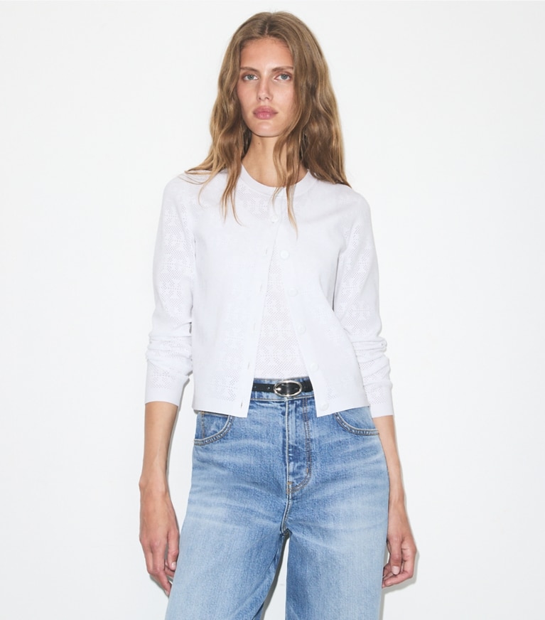 Tory Burch designer sweaters Pointelle Viscose Cardigan in White on model detail