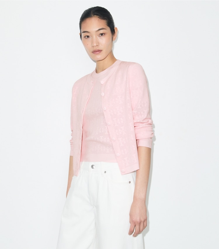 Tory Burch designer セーター ポインテール レーヨン カーディガン in Light Pink on model detail