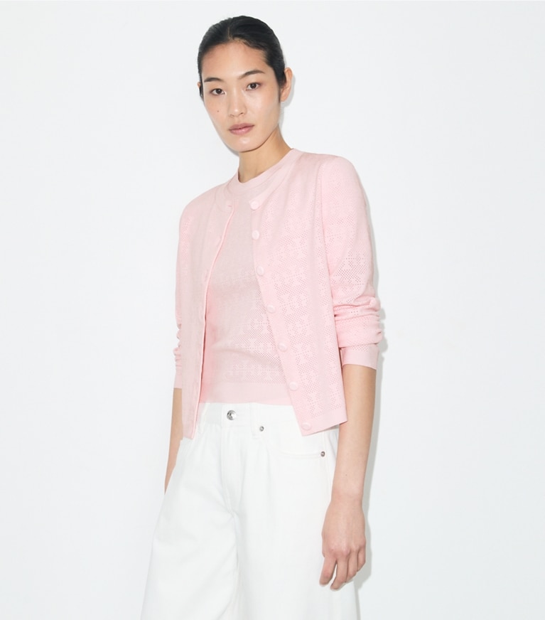 Tory Burch designer セーター ポインテール レーヨン カーディガン in Light Pink on model detail
