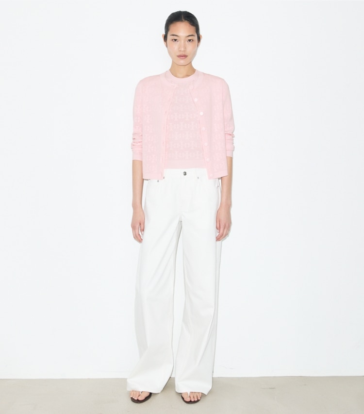Tory Burch designer セーター ポインテール レーヨン カーディガン in Light Pink モデル前面
