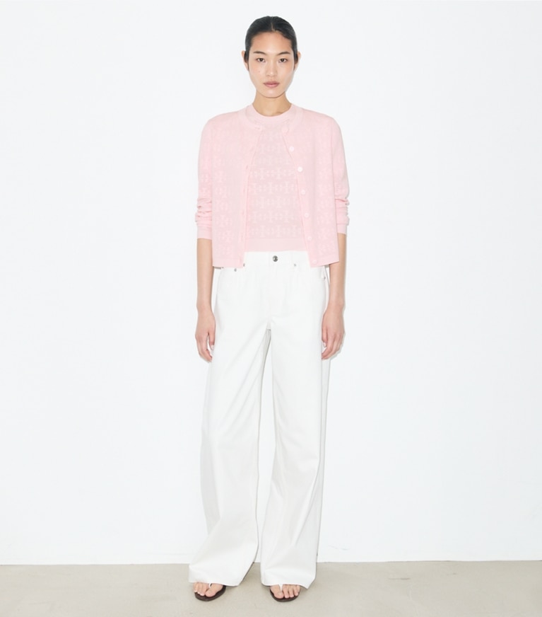Tory Burch designer セーター ポインテール レーヨン カーディガン in Light Pink モデル前面
