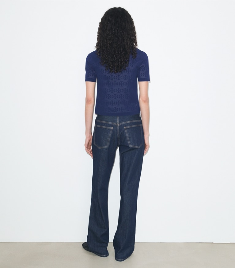 Tory Burch designer セーター ポインテール レーヨン ポロシャツ in Ocean on model back