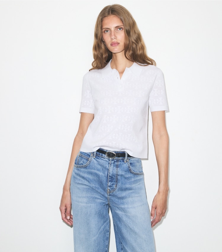 Tory Burch designer sweaters Pointelle Viscose Polo in White on model detail