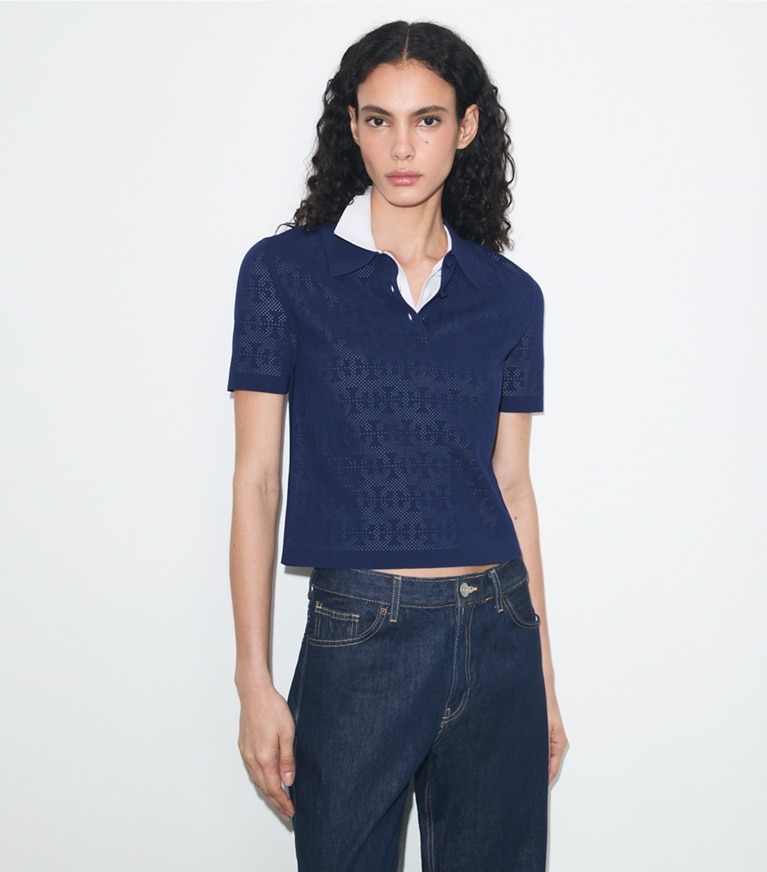 Tory Burch designer セーター ポインテール レーヨン ポロシャツ in Ocean on model detail