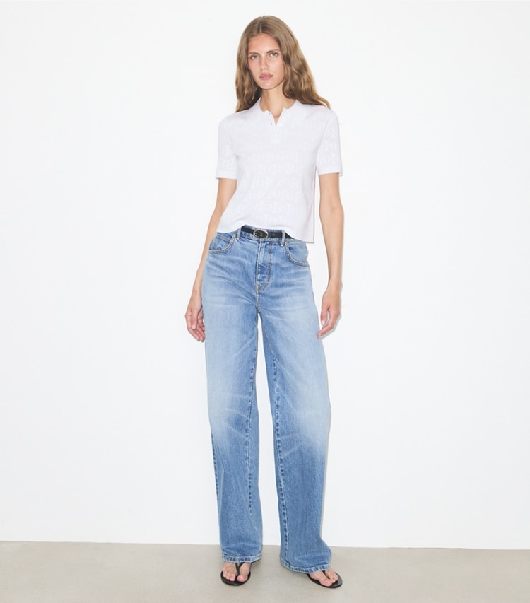 Tory Burch designer sweaters Pointelle Viscose Polo in White on model front