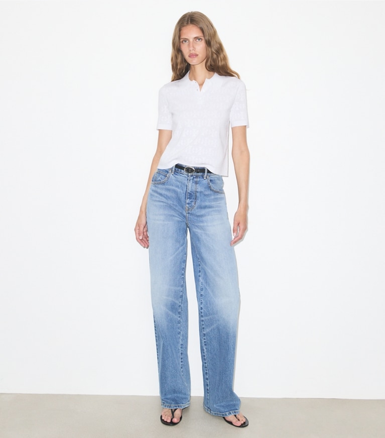 Tory Burch designer sweaters Pointelle Viscose Polo in White on model front