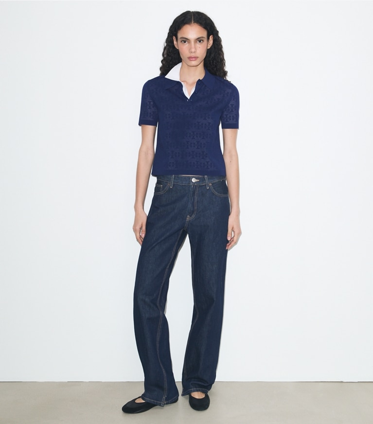 Tory Burch designer セーター ポインテール レーヨン ポロシャツ in Ocean モデル前面