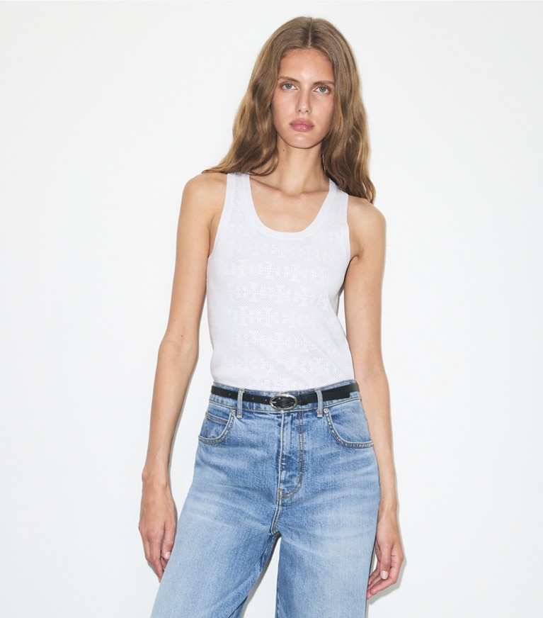 Tory Burch designer sweaters Pointelle Viscose Tank in White on model detail