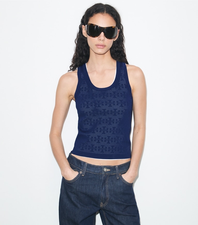 Tory Burch designer sweaters Pointelle Viscose Tank in Ocean on model detail