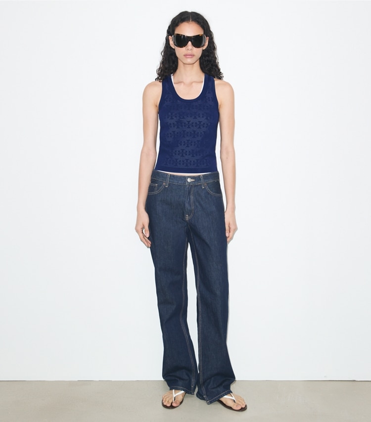 Tory Burch designer sweaters Pointelle Viscose Tank in Ocean on model front