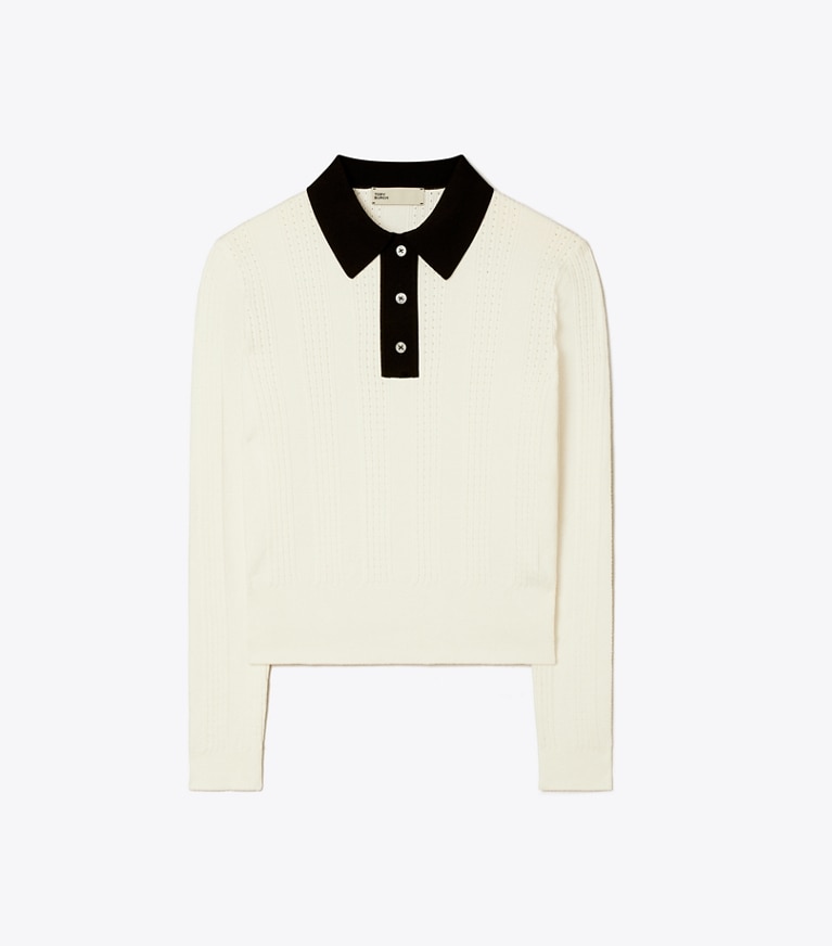 Tory Sport designer sweaters Polo à manches longues en coton pointelle dans NEW IVORY de face