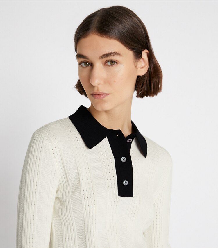 Tory Sport designer sweaters Polo à manches longues en coton pointelle dans NEW IVORY détail sur modèle