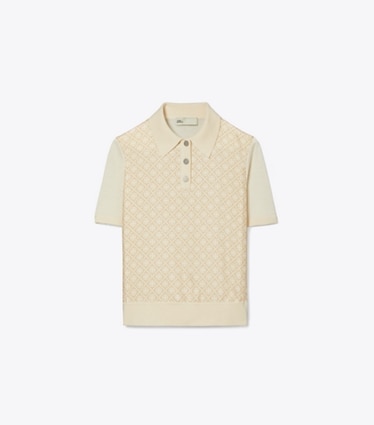 Tory Burch designer sweaters Polo avec empiècement en soie in French Cream / Gold T Mono Mini front
