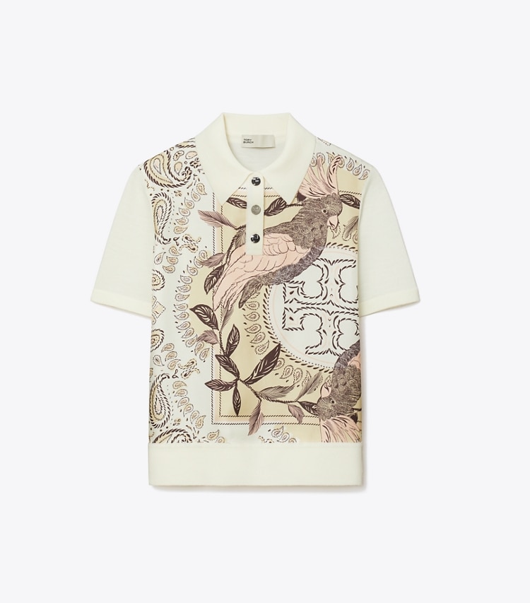Tory Burch designer sweaters Polo avec empiècement en soie in New Ivory / Pink Cockatoo front