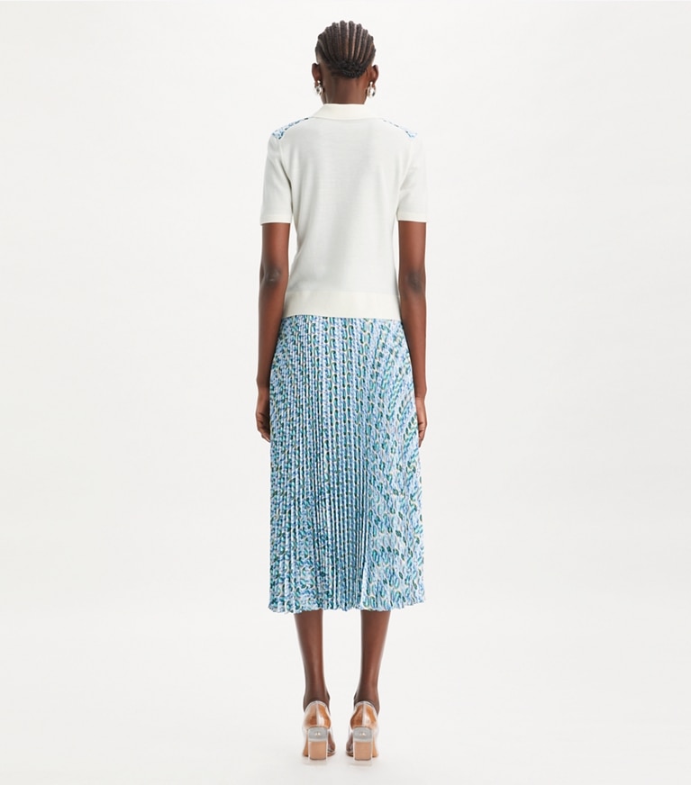 Tory Burch designer sweaters Polo avec empiècement en soie in New Ivory / Glass Swan Allover front