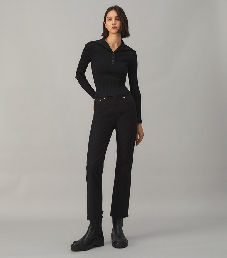 Tory Burch designer sweaters Polo Button Sweater in Black front