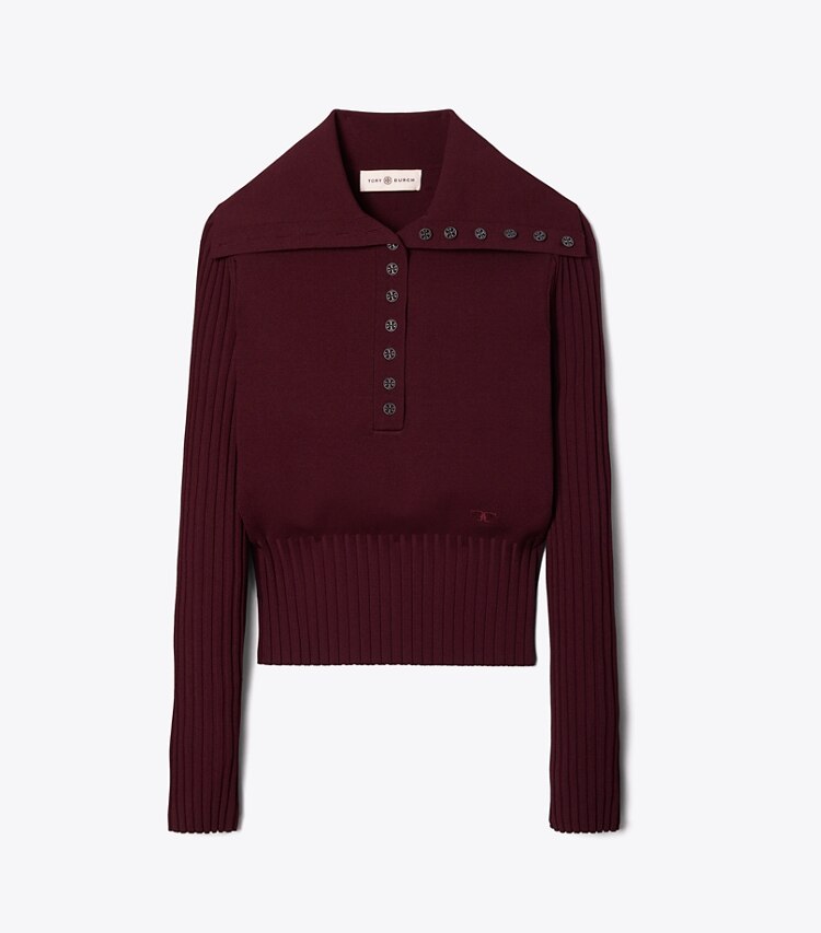Tory Burch designer sweaters Polo Button Sweater in Oxblood front