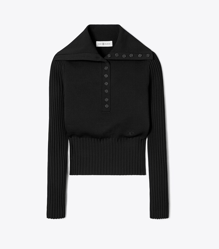 Tory Burch designer sweaters Polo Button Sweater in Black front