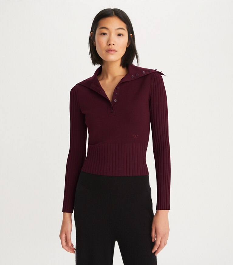 Tory Burch designer sweaters Polo Button Sweater in Oxblood front