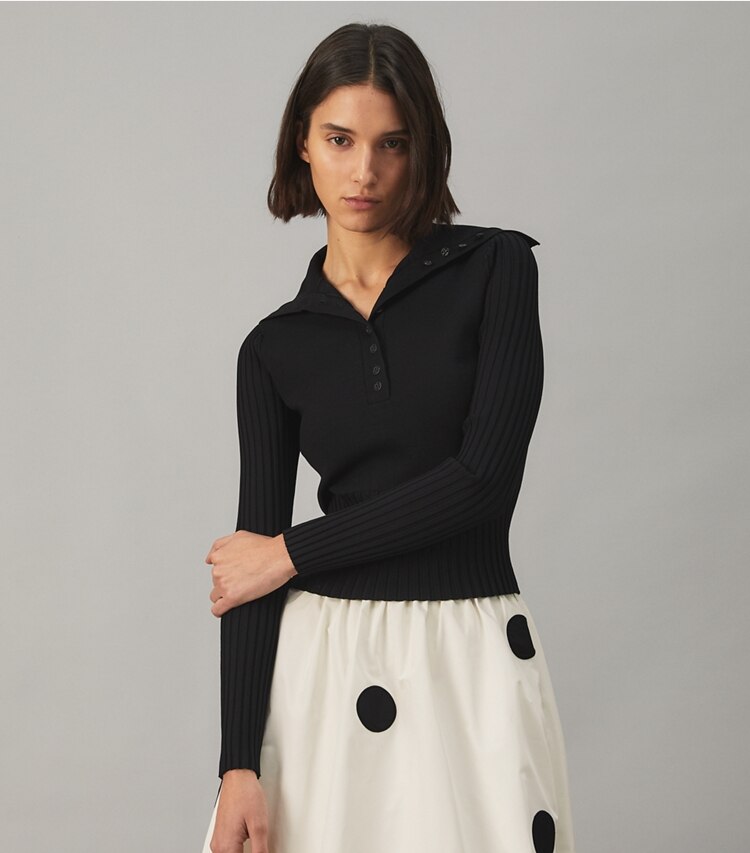 Tory Burch designer sweaters Polo Button Sweater in Black on model detail