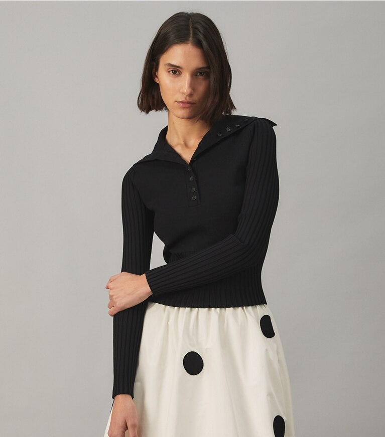Tory Burch designer sweaters Polo Button Sweater in Black front