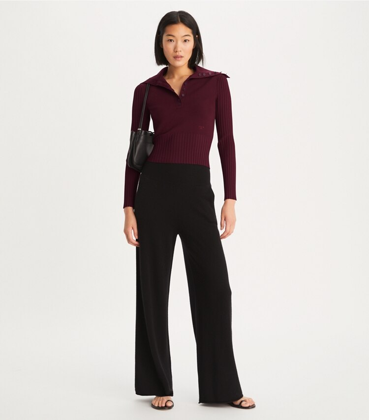 Tory Burch designer sweaters Polo Button Sweater in Oxblood on model front