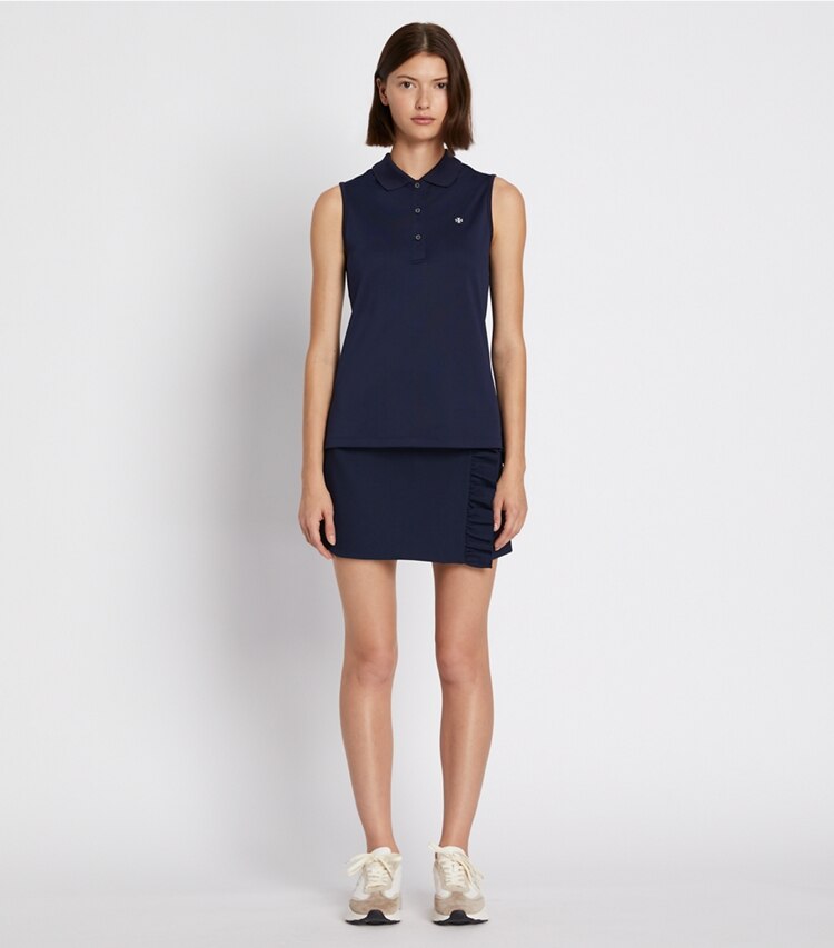 Tory Sport designer tops Polo classica in piqué tecnico senza maniche in Tory Navy parte anteriore su modella