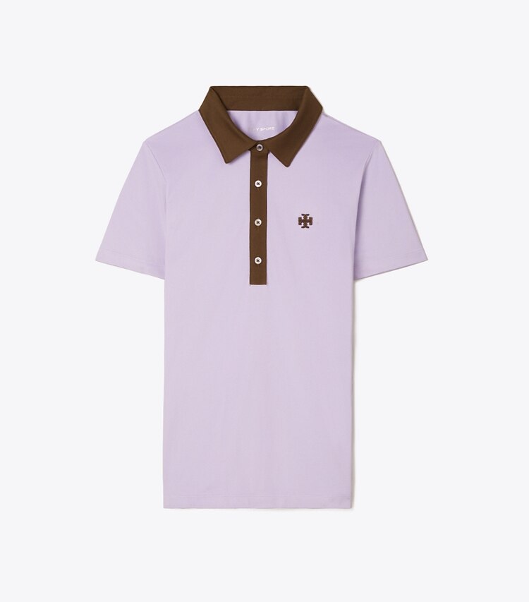 Tory Sport designer tops Polo color-block in piqué tecnico in Lavender Field / Dark Roast front